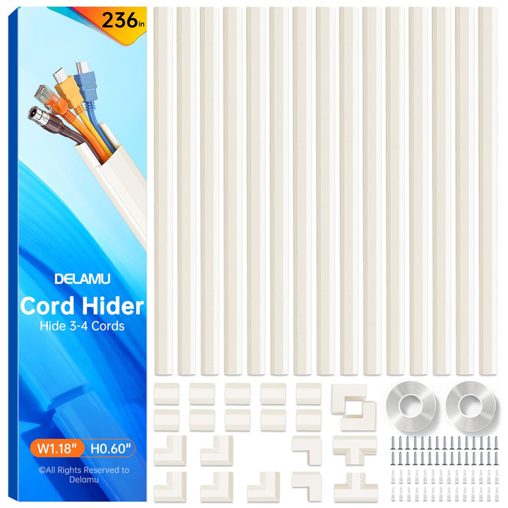 Delamu front packaging showing beige cord hider kit and contents for neat cable concealment