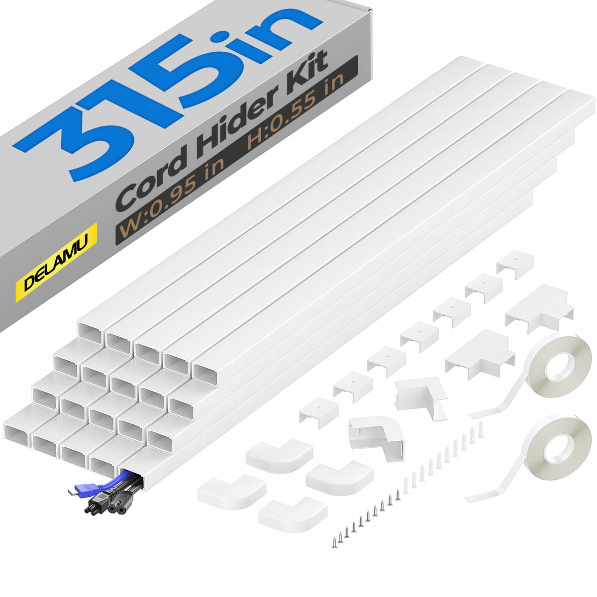 Delamu front packaging showing full cord hider kit and components benefit tidy storage
