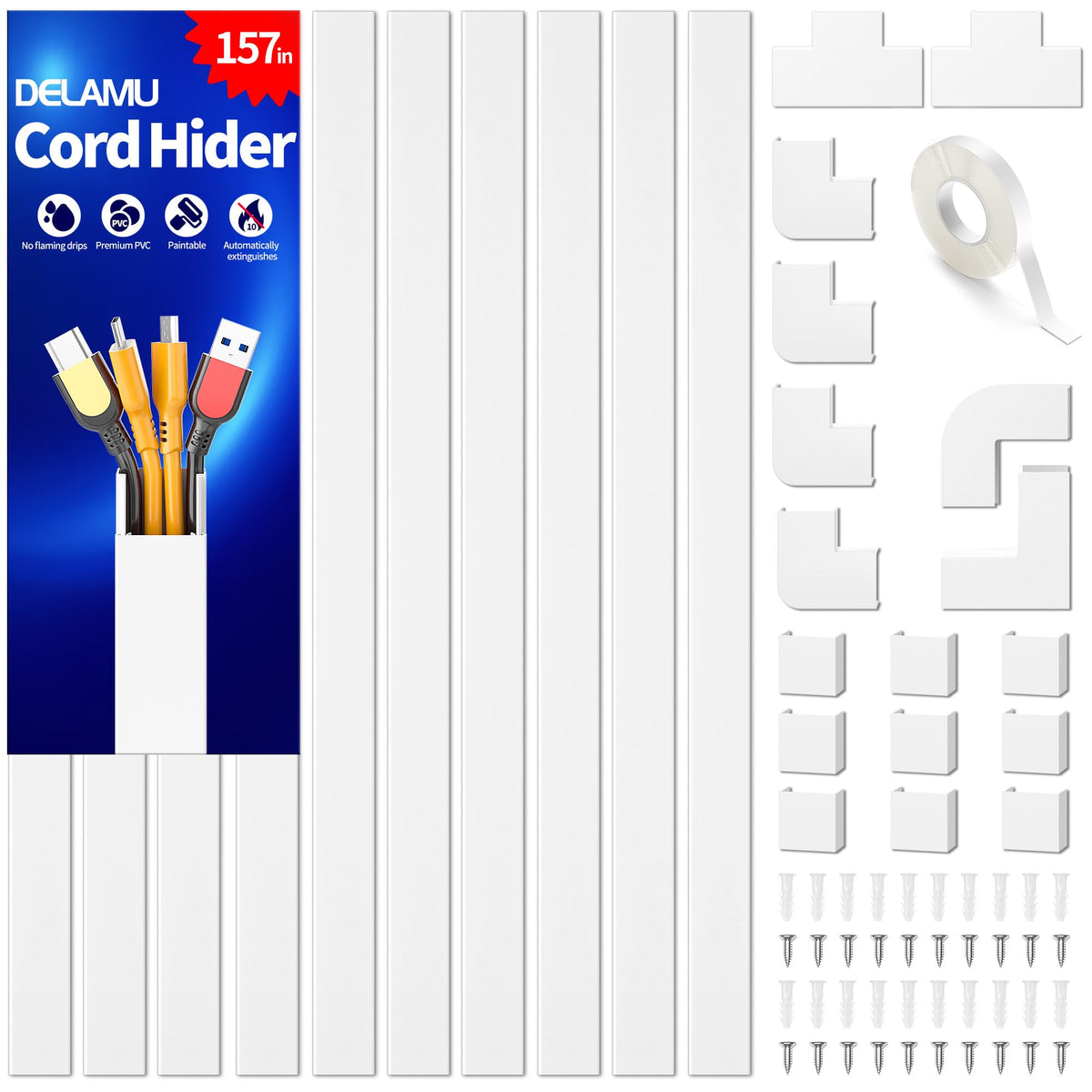 Delamu front view of ten white raceways showing compact pack and neat storage benefit
