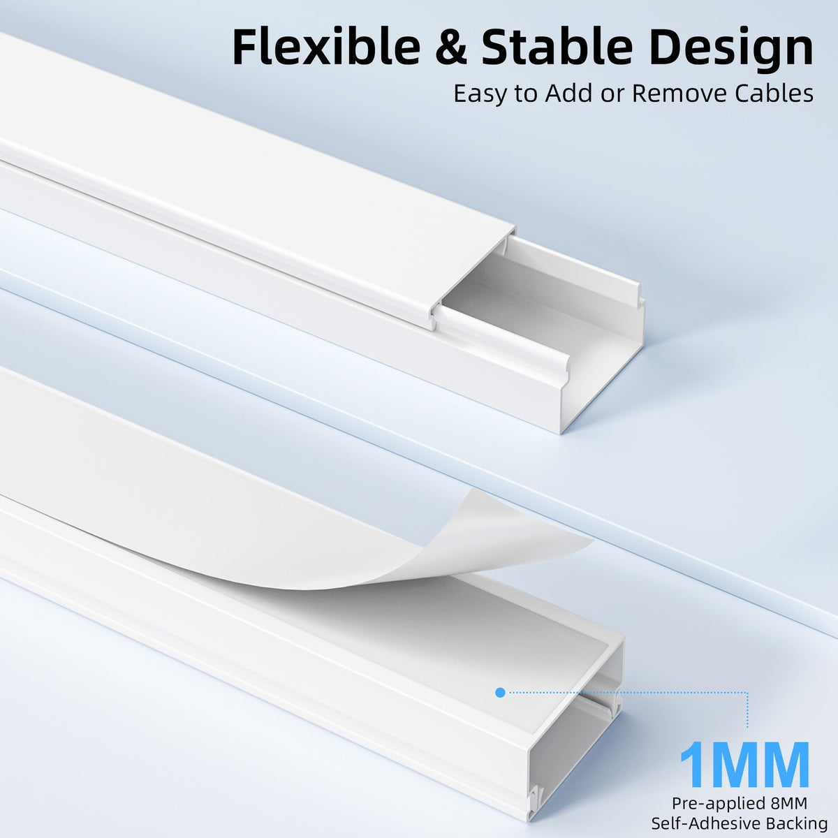 Delamu hinged design improves access for adding or removing cables in a tidy wall setup.