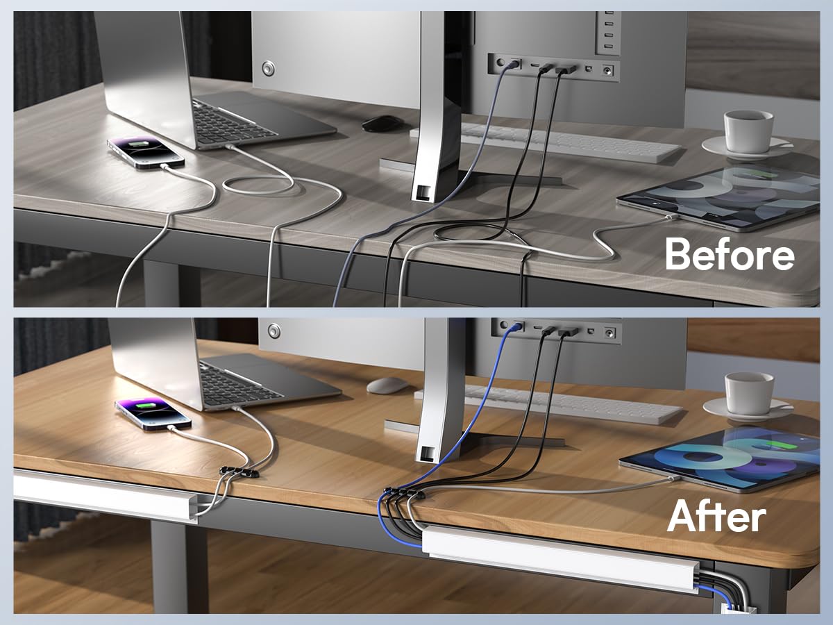 Delamu J-channel cord organizer keeps desk cables organized and accessible.