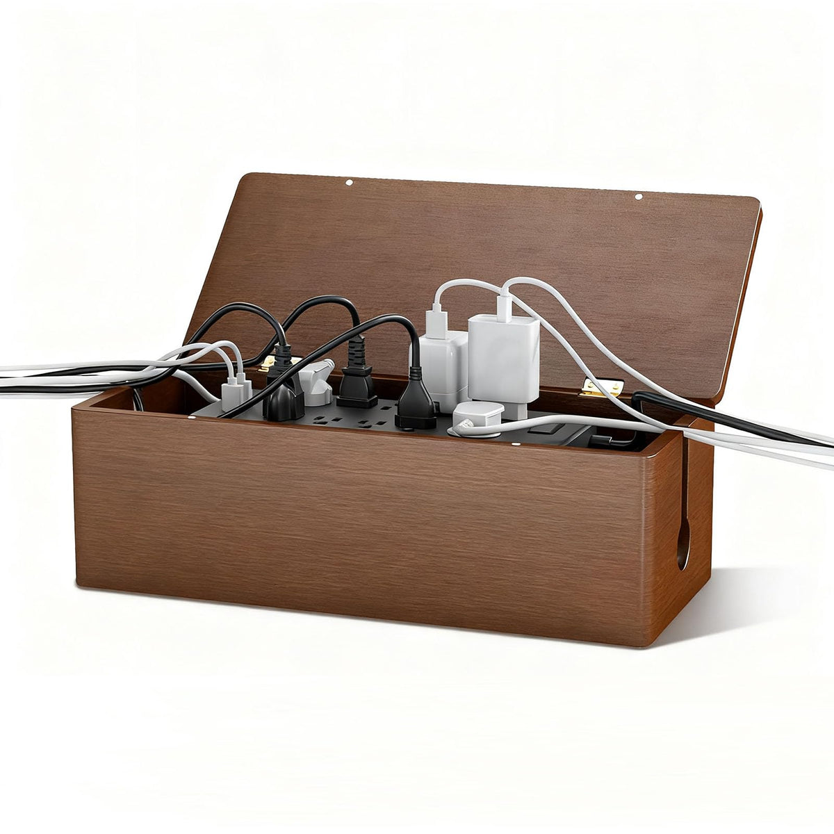 Delamu large cable management box with magnetic lid conceals wires neatly on a desk