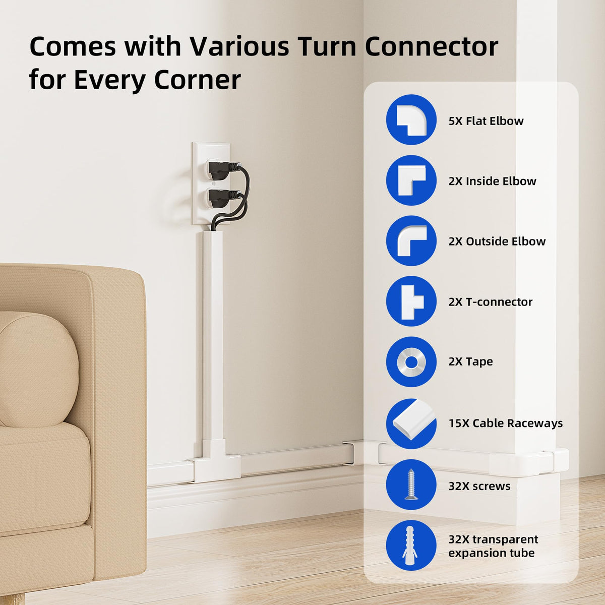 Delamu low-profile cord raceway blends with walls for tidy cabling.