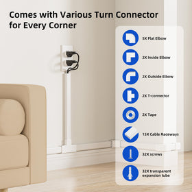 Delamu low-profile cord raceway blends with walls for tidy cabling.