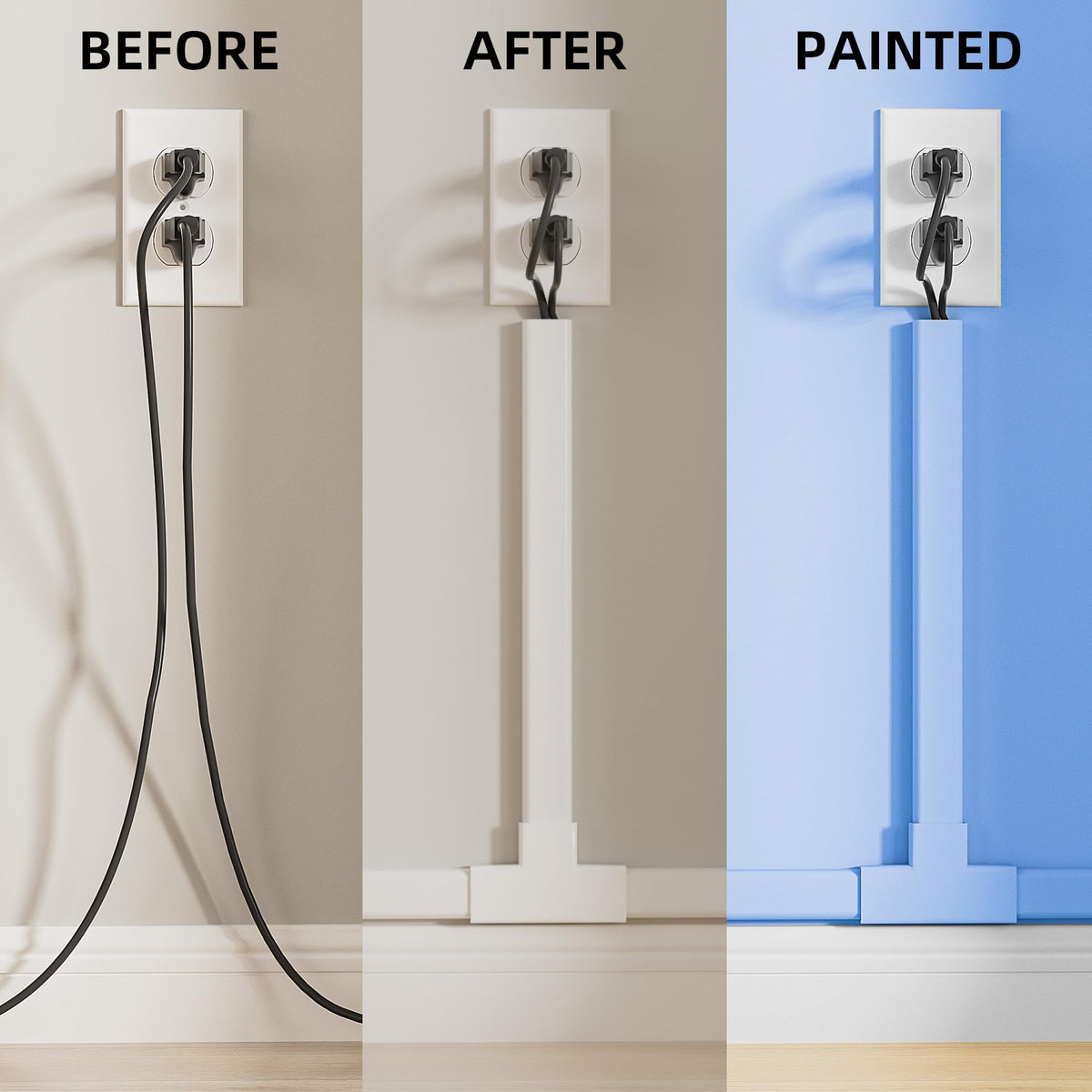 Delamu paintable cord hider surface lets you match wall color.