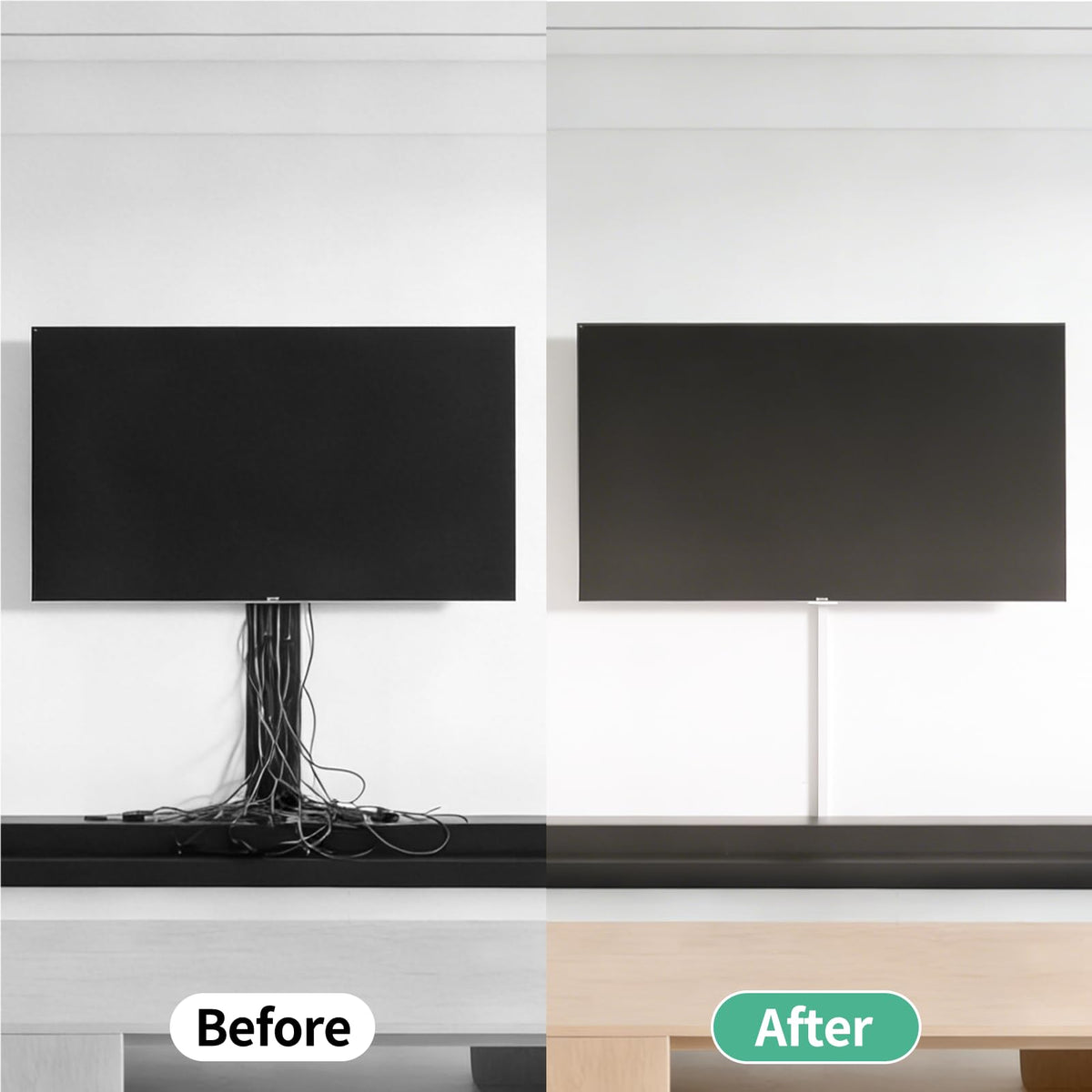 Delamu hinged cord hider behind a mounted TV, secure.