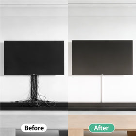 Delamu hinged cord hider behind a mounted TV, secure.