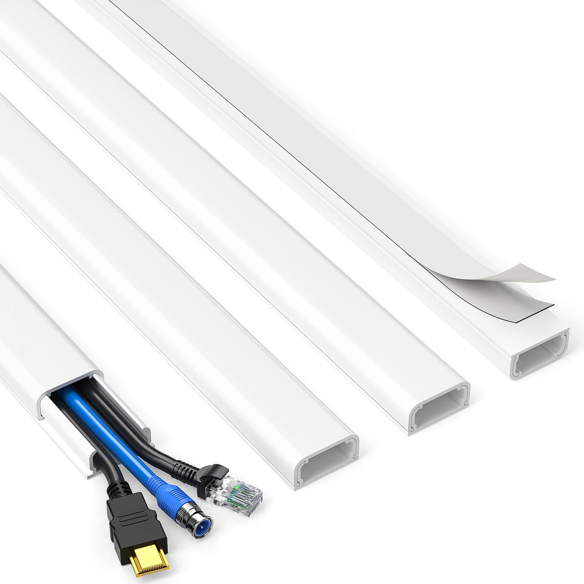 Delamu TV Cord Hider kit with four white panels ready to hide cables.