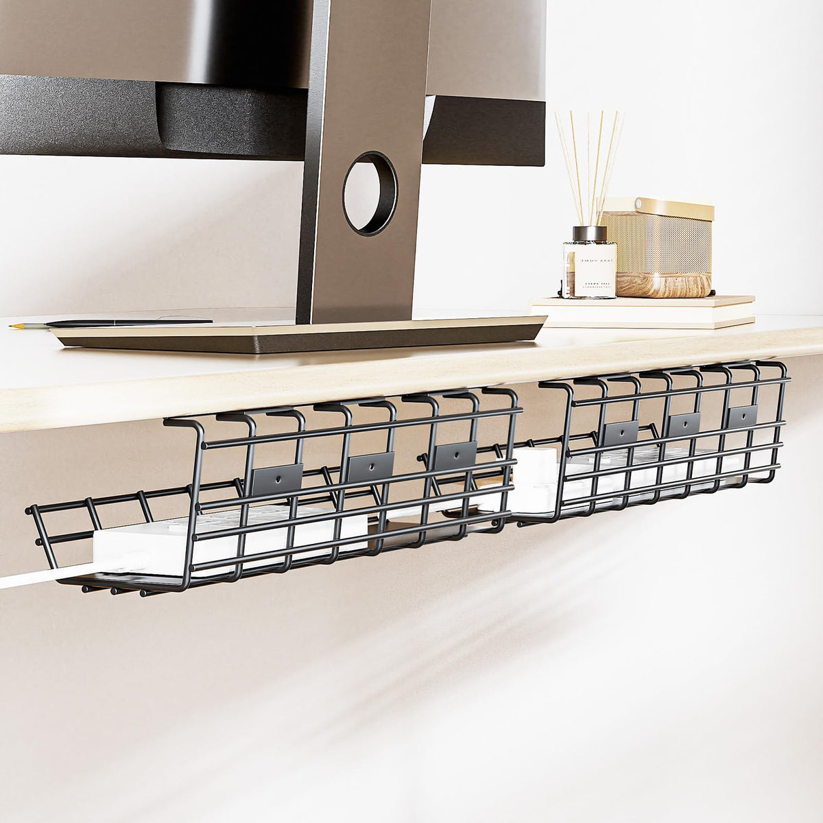 Delamu under-desk cable tray with large capacity for cords and power strips