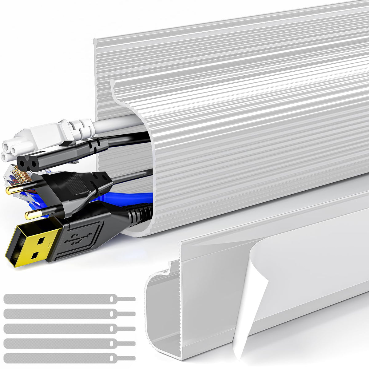 Delamu under-desk cable management white setup neatly organizes power and data cords.