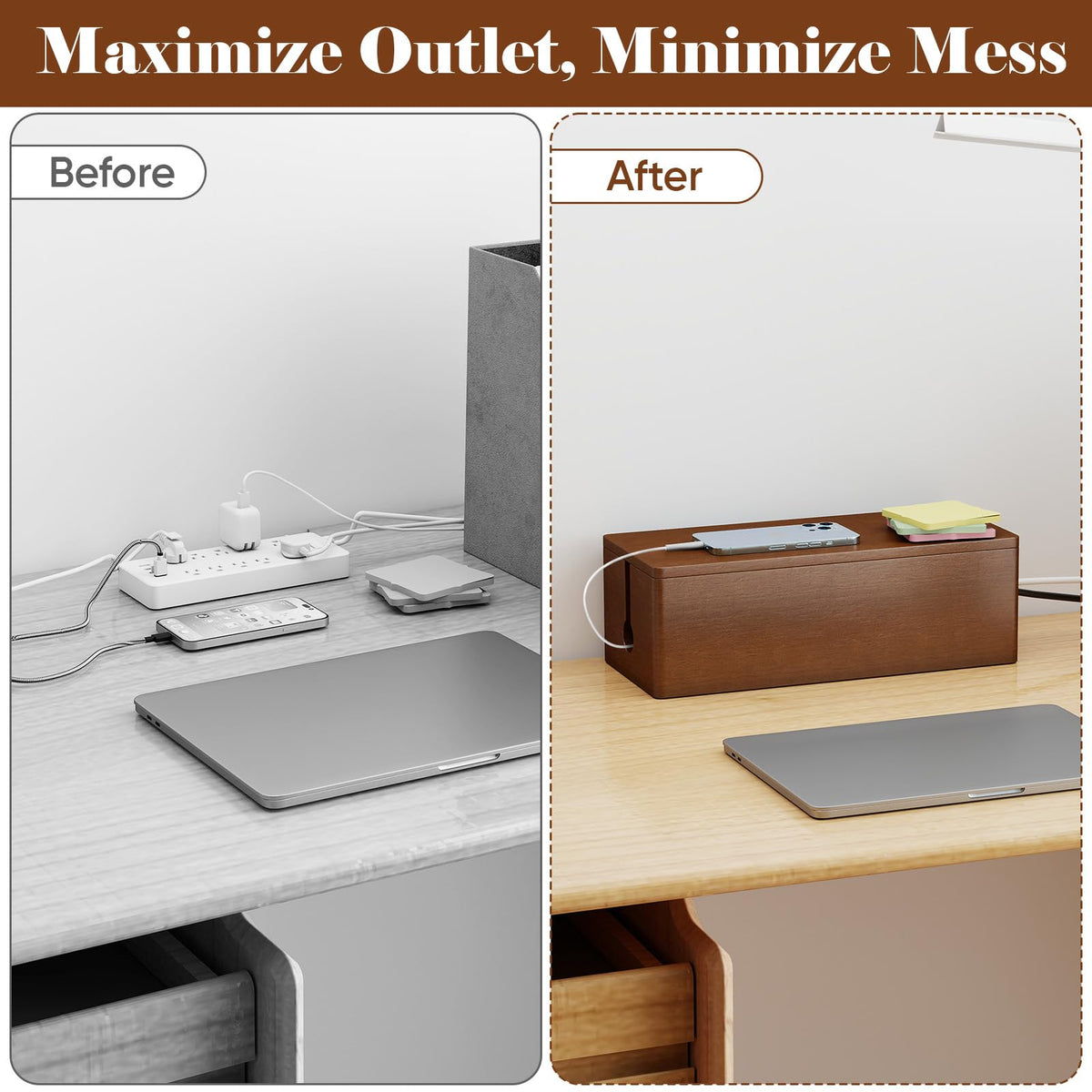 Delamu under desk cord box helps organize cables along baseboards
