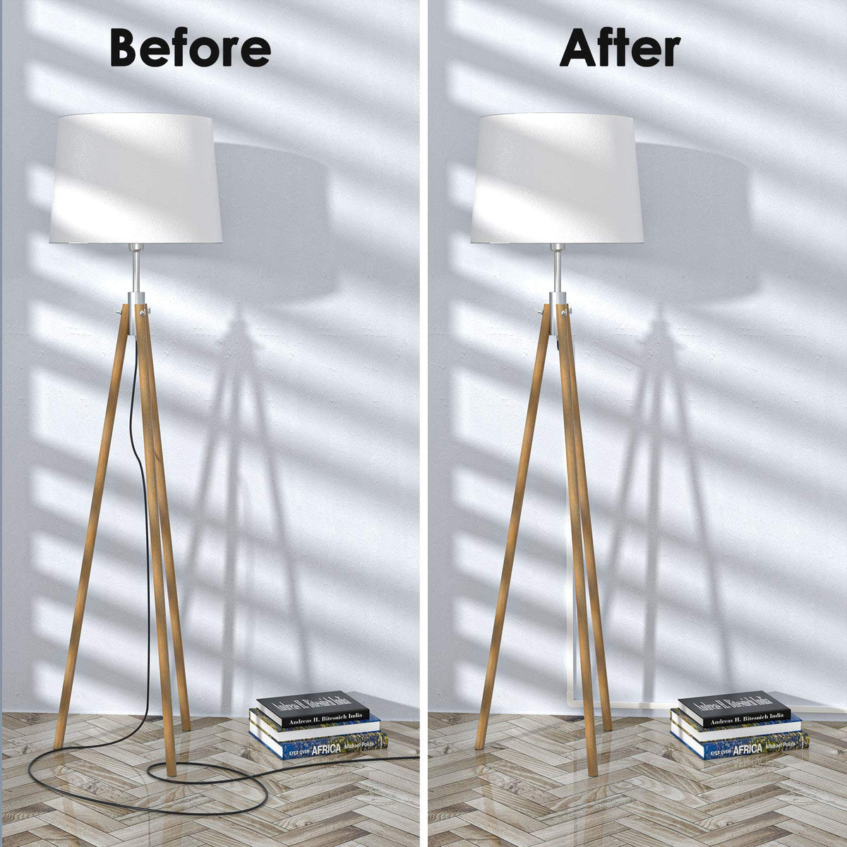 Delamu before-and-after under TV illustrating hidden wires and cleaner look