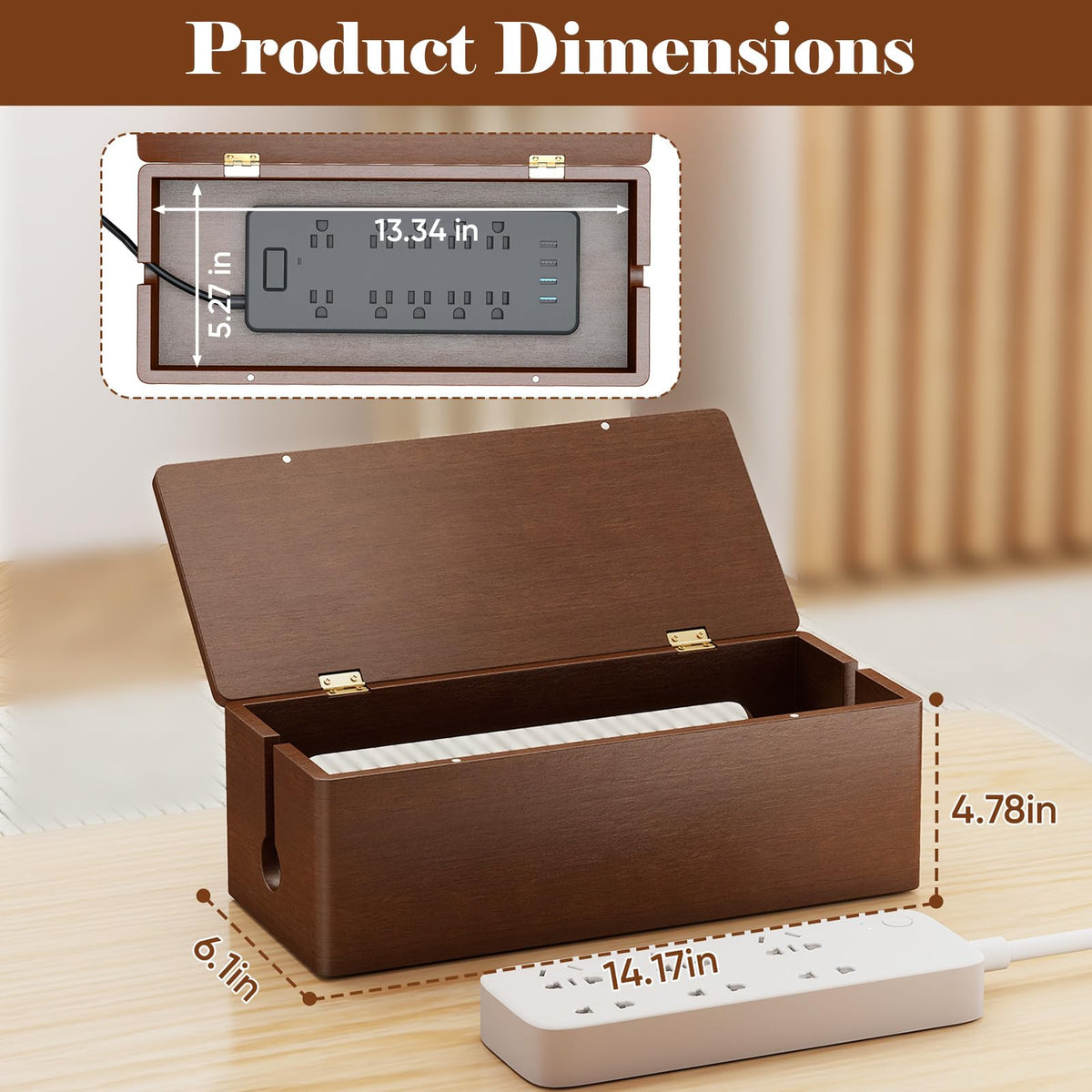 Delamu ventilated cord box shows cooling holes for safe charging on a desk