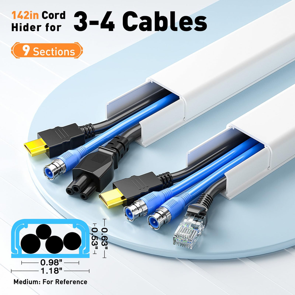 Delamu wall cable cover shows quick on-wall installation steps.
