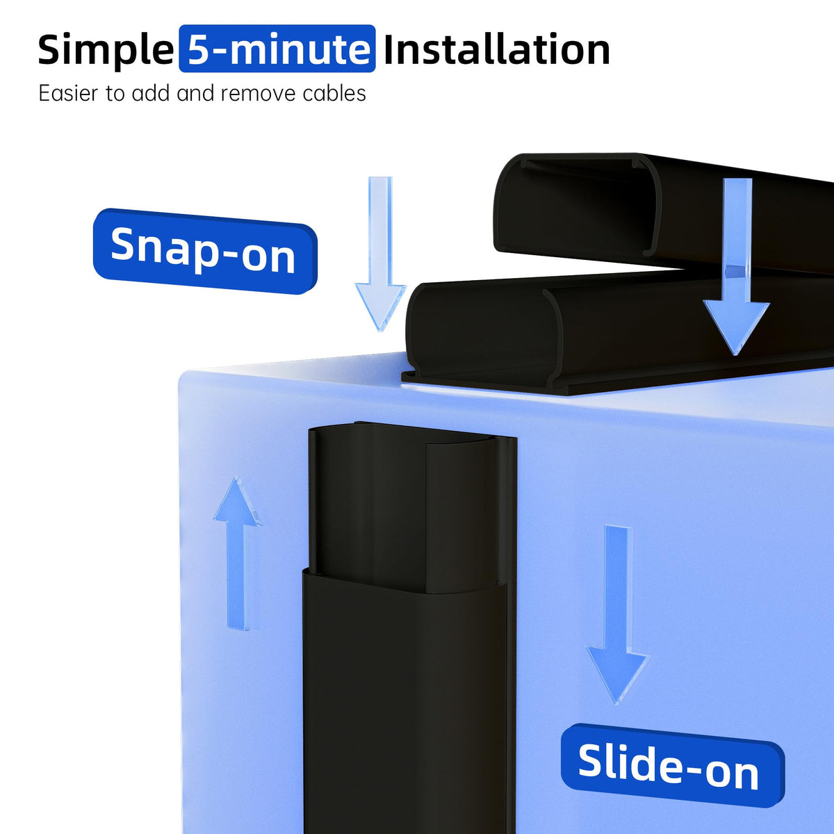 Delamu wall-mount cord hider runs along baseboard and corners.
