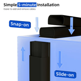 Delamu wall-mount cord hider runs along baseboard and corners.