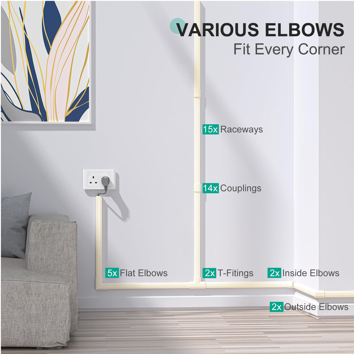 Wall-mounted TV cord hider in beige blending with decor