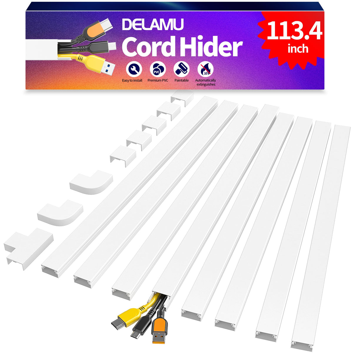 Delamu white cord cover 113-4in hides long cables behind furniture.