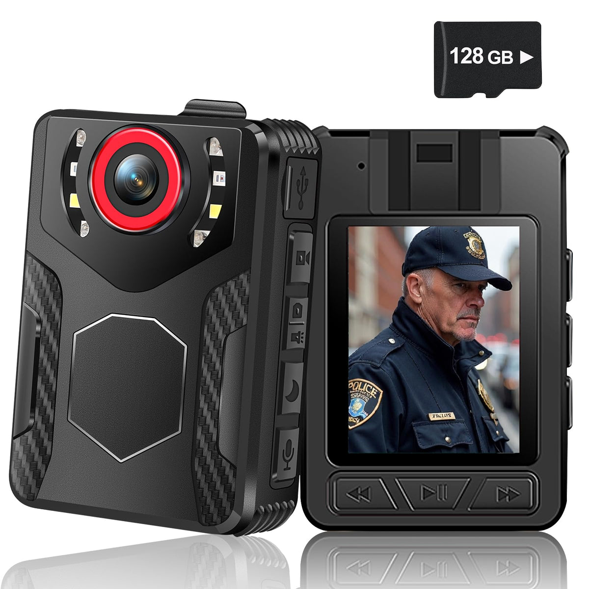 Delarbeaden front view showing compact body camera and clear branding, highlighting portability