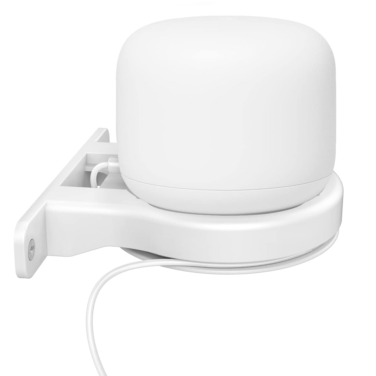 Delidigi front view holding Nest WiFi showing neat wall placement and improved desk space