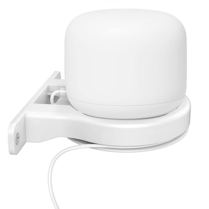 Delidigi front view holding Nest WiFi showing neat wall placement and improved desk space