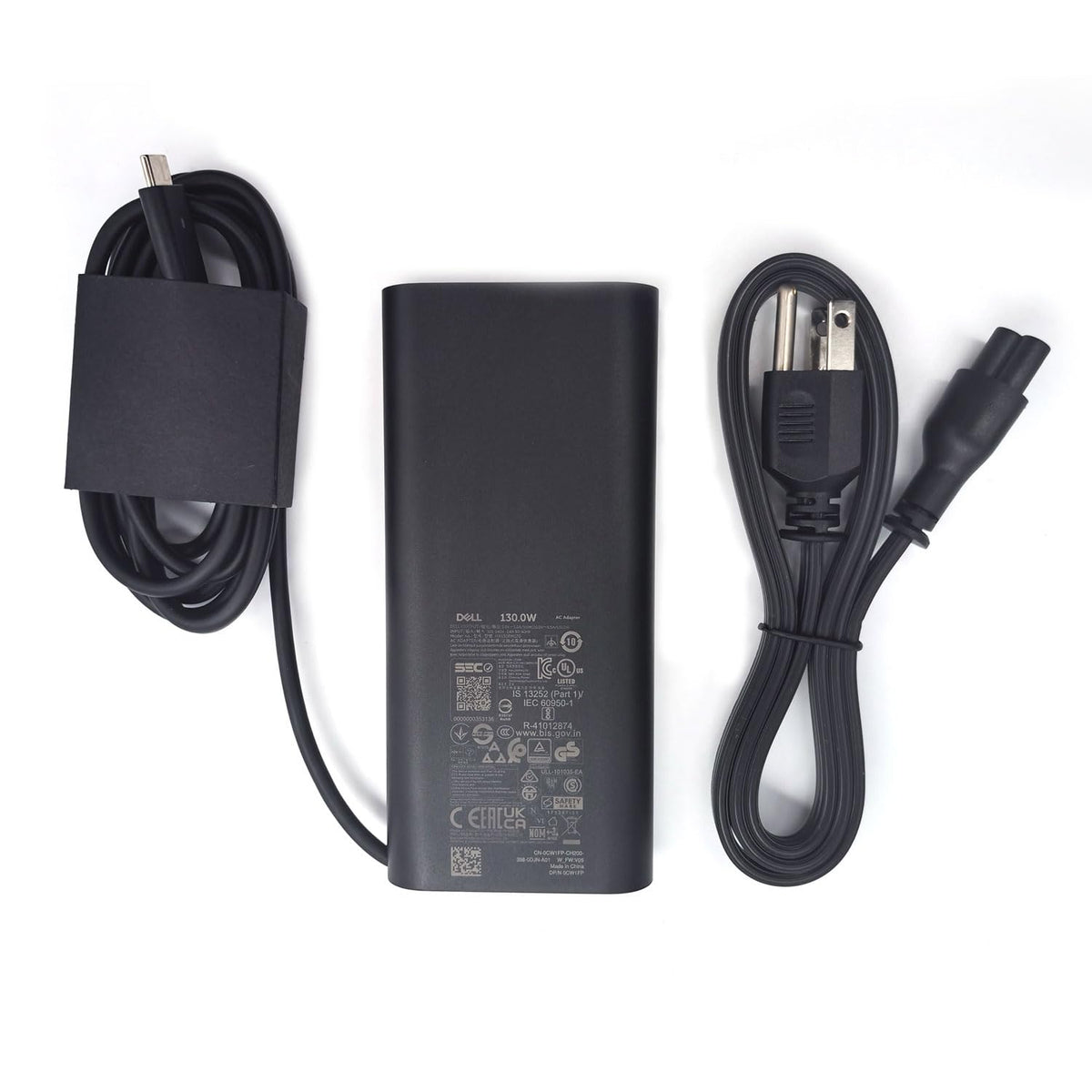 Dell 130W USB-C adapter front view, reliable power for Dell laptops.