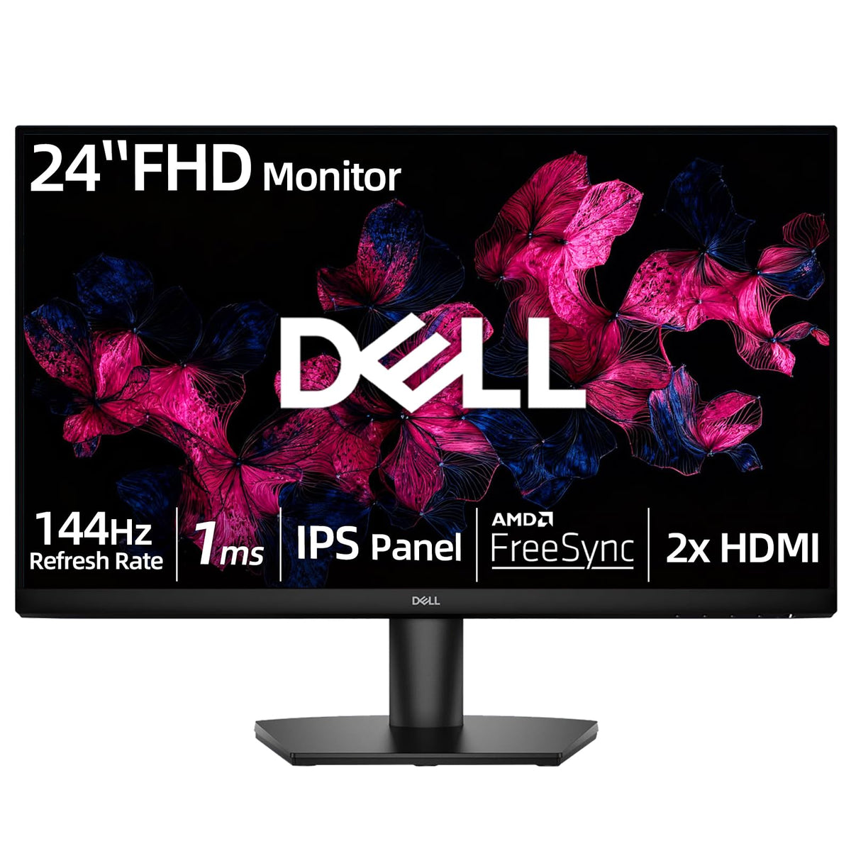 Dell 24-inch Full HD monitor front view showing a crisp, clean display for work and entertainment
