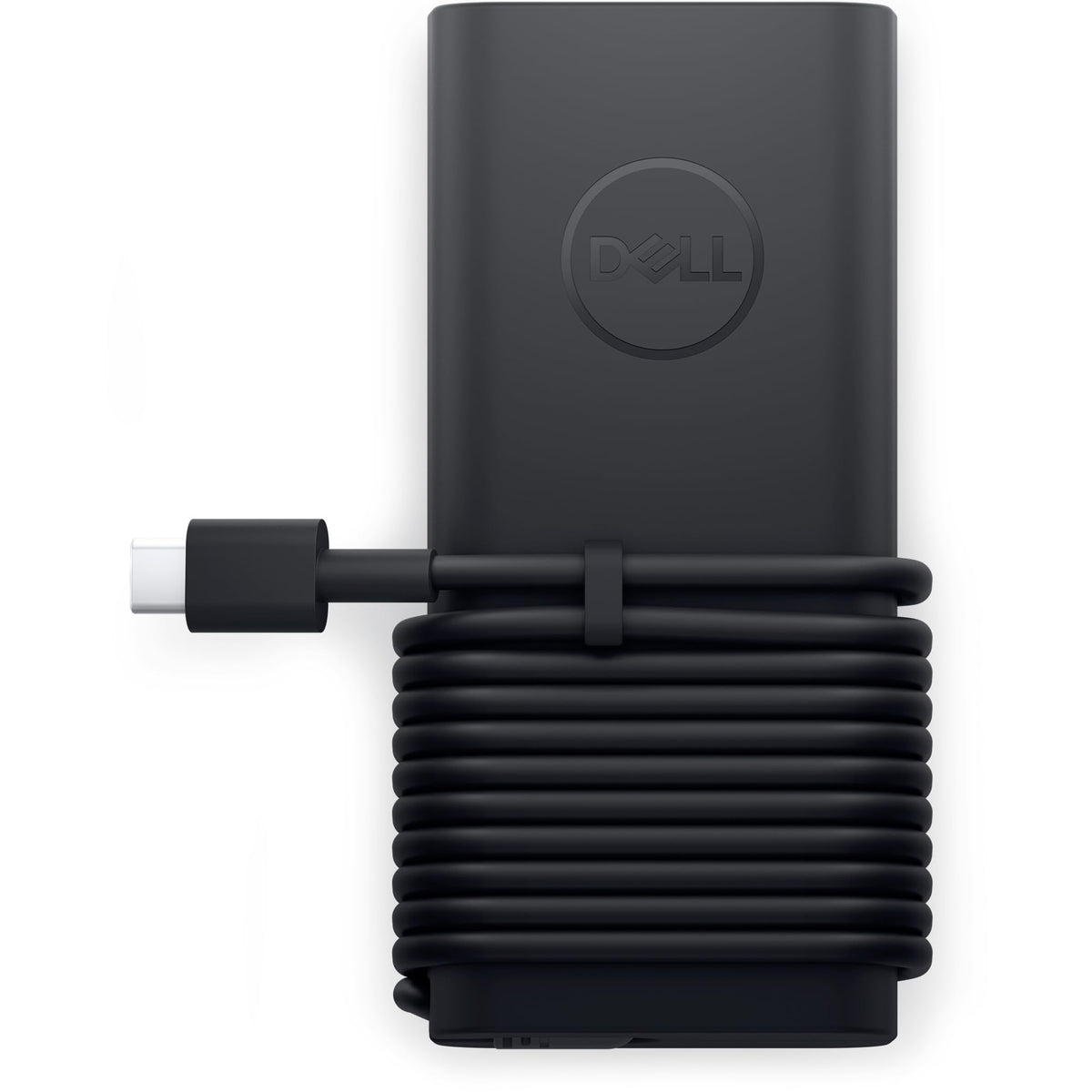 Dell 65W USB-C adapter, front view, compact power delivery for laptop charging.