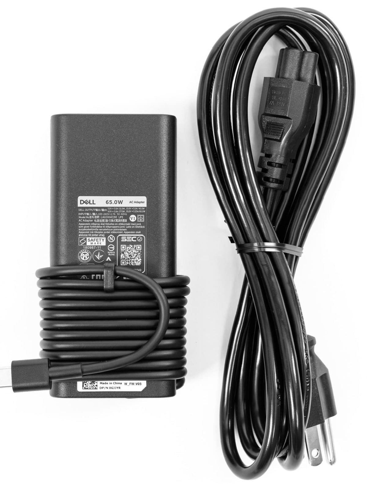 Dell charger USB-C tip highlighting versatile 5V-20V output for multiple devices.