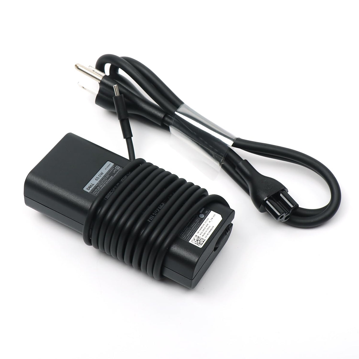 Dell 65W USB-C charger side view showing versatile USB-C port for flexible charging