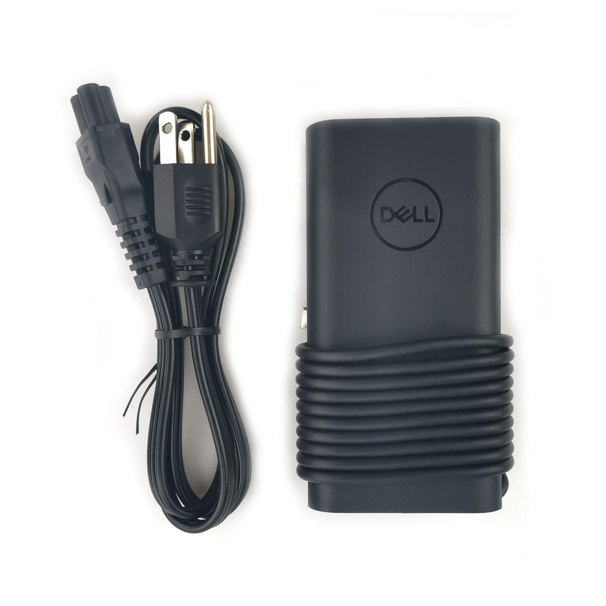 Dell adapter with detachable power cord displayed for easy storage and travel