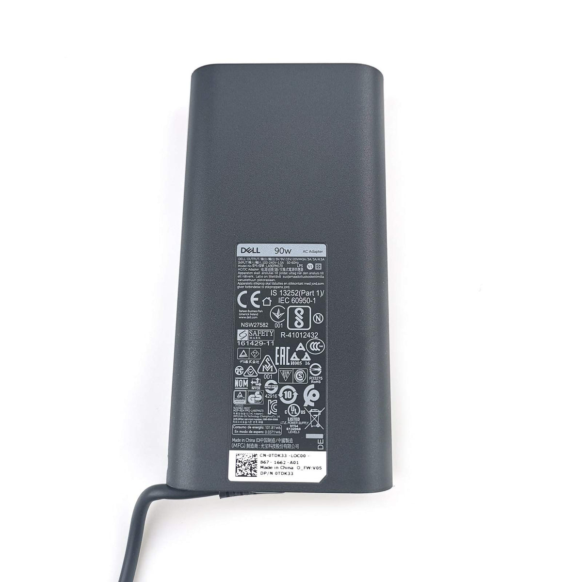 Dell adapter safety label detail highlighting built-in protection features