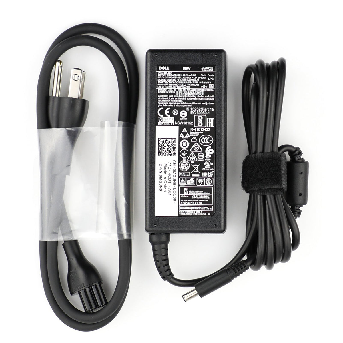 Dell 65W AC power adapter close-up shows 4.5mm plug for correct compatibility