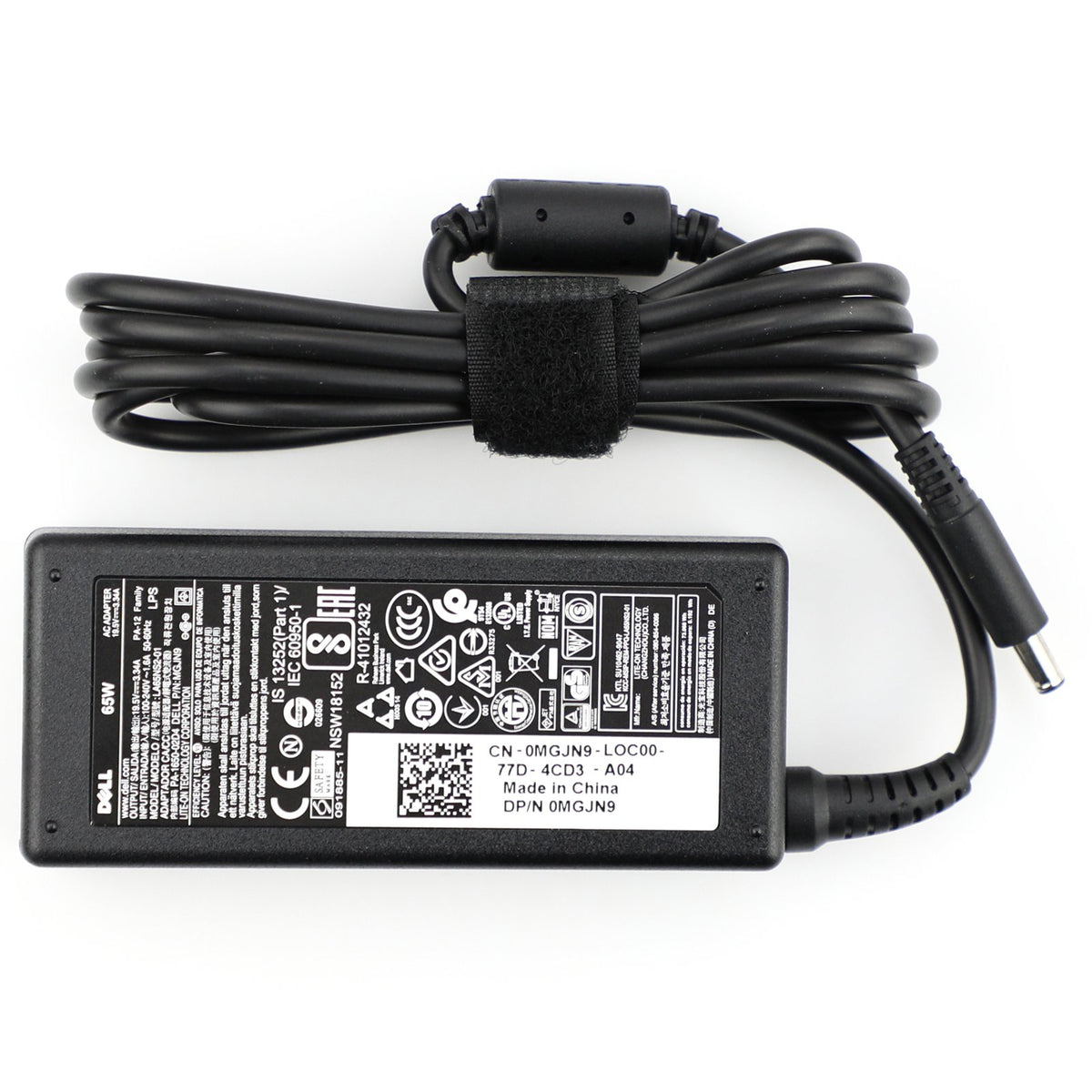 Dell 65W adapter connects to a laptop for reliable on-the-go charging