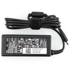 Dell 65W adapter connects to a laptop for reliable on-the-go charging