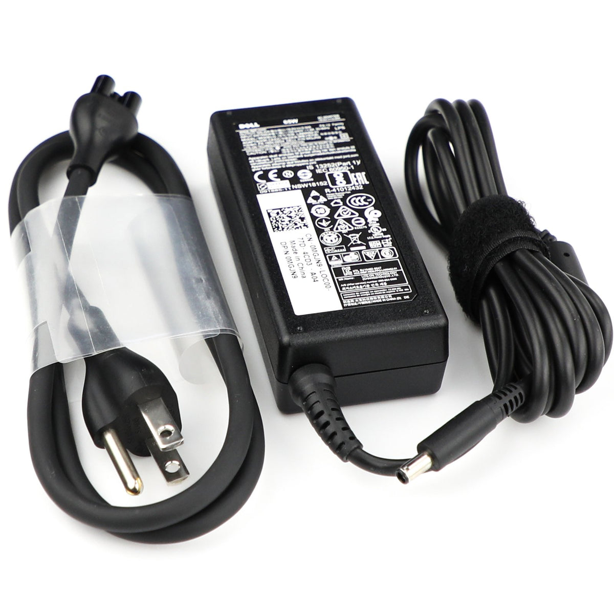 Dell 65W power adapter side view highlighting slim portable design