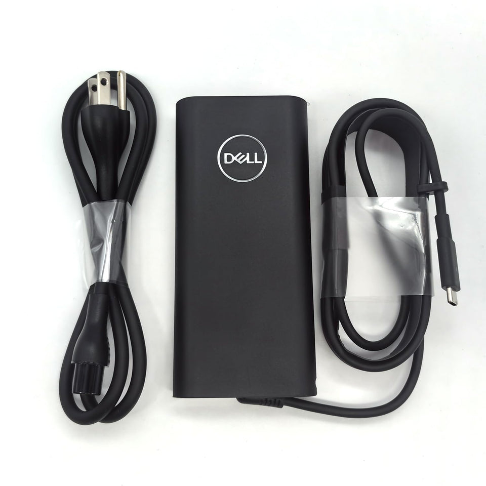 Dell 130W adapter front view showing compact design and reliable power