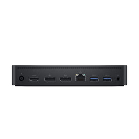 Dell D6000 size comparison next to a laptop illustrating compact footprint