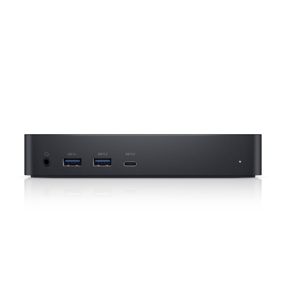 Dell D6000 universal dock front view with USB-C and USB-A ports for flexible laptop connectivity.