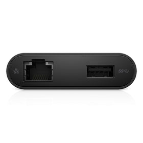Dell DA200 cable length and scale next to laptop to show portability benefit