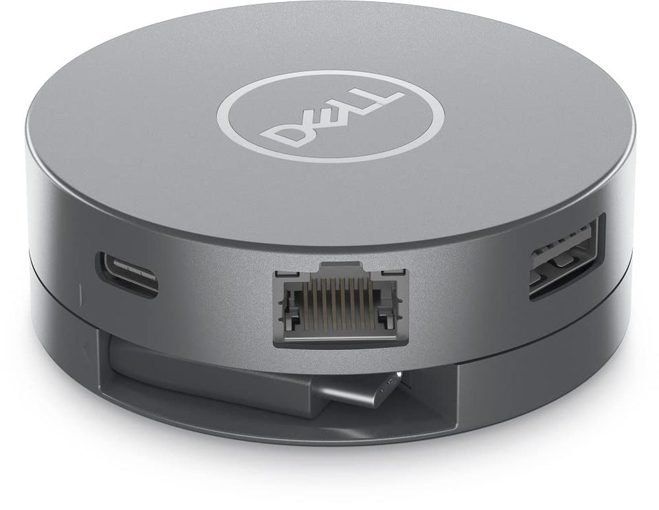 Dell DA305 6-in-1 adapter front view, compact USB-C hub for on-the-go work