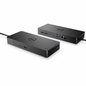 Dell WD19 dock front view with USB-C, HDMI, DisplayPort, and USB ports for versatile connectivity.
