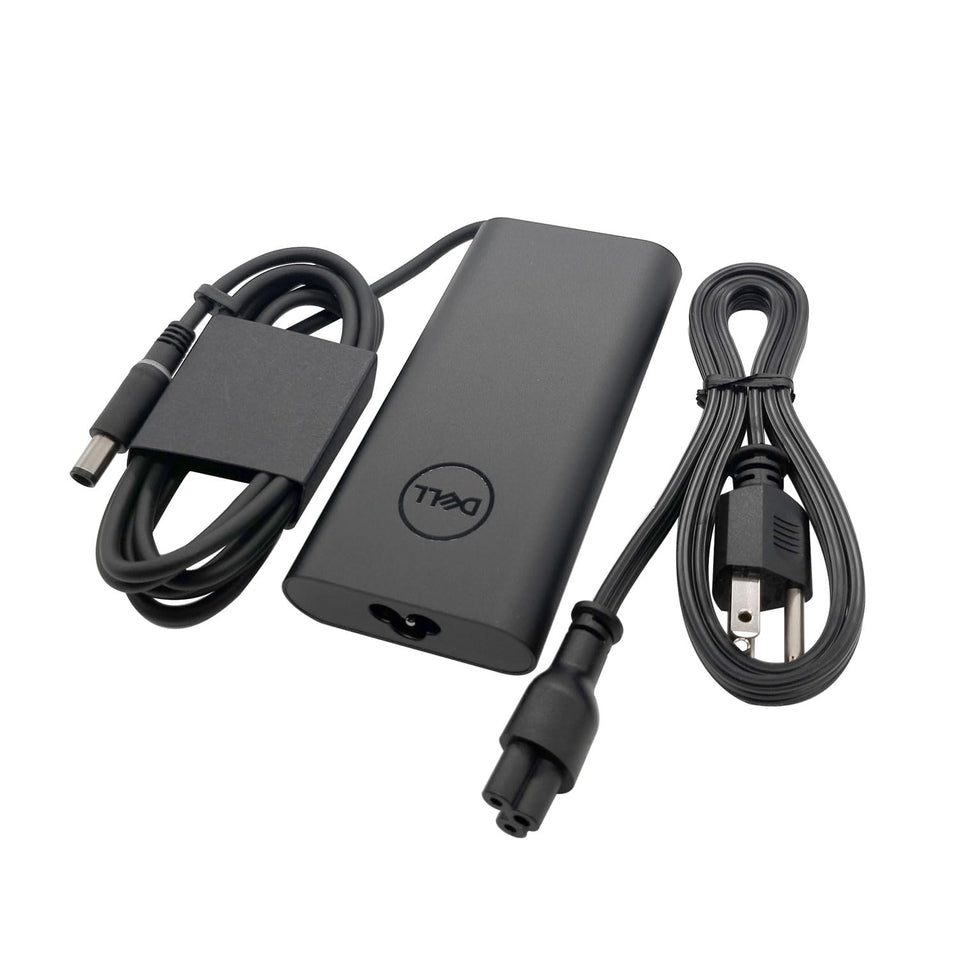 Dell GaN 180W laptop charger with 7.4mm barrel tip, compact travel-ready design.
