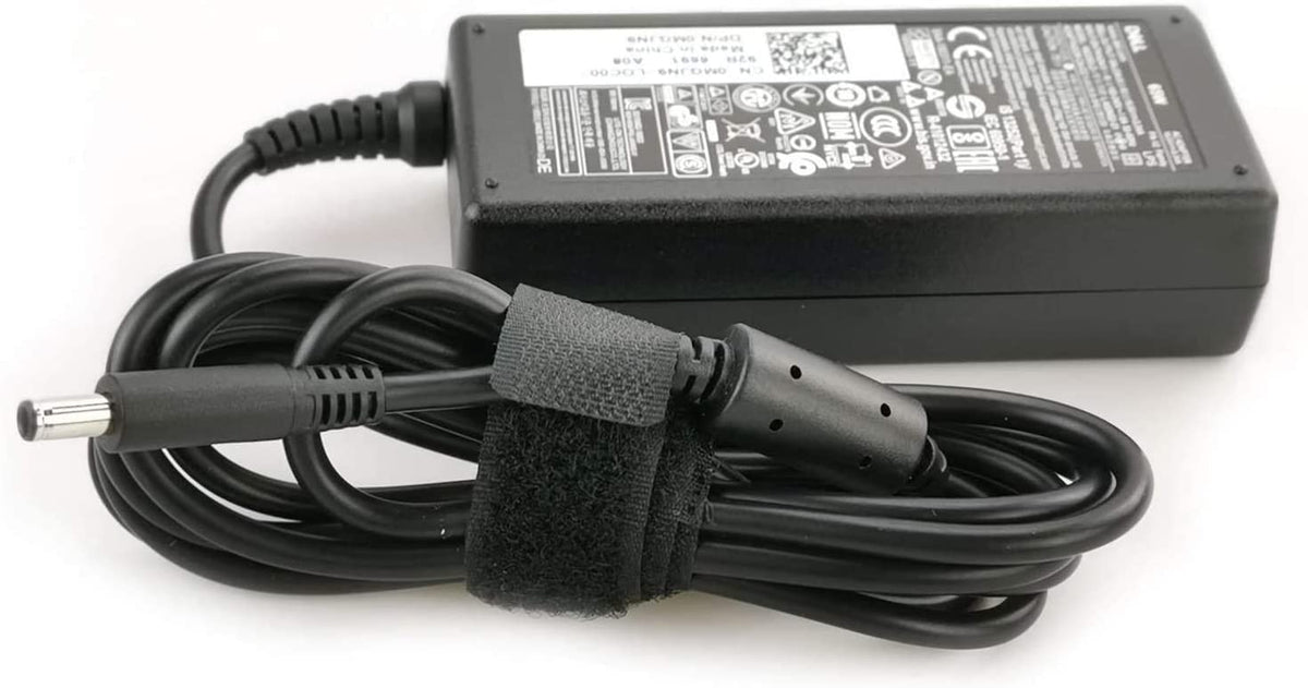 Dell logo and labeling on adapter confirm authentic Dell power.