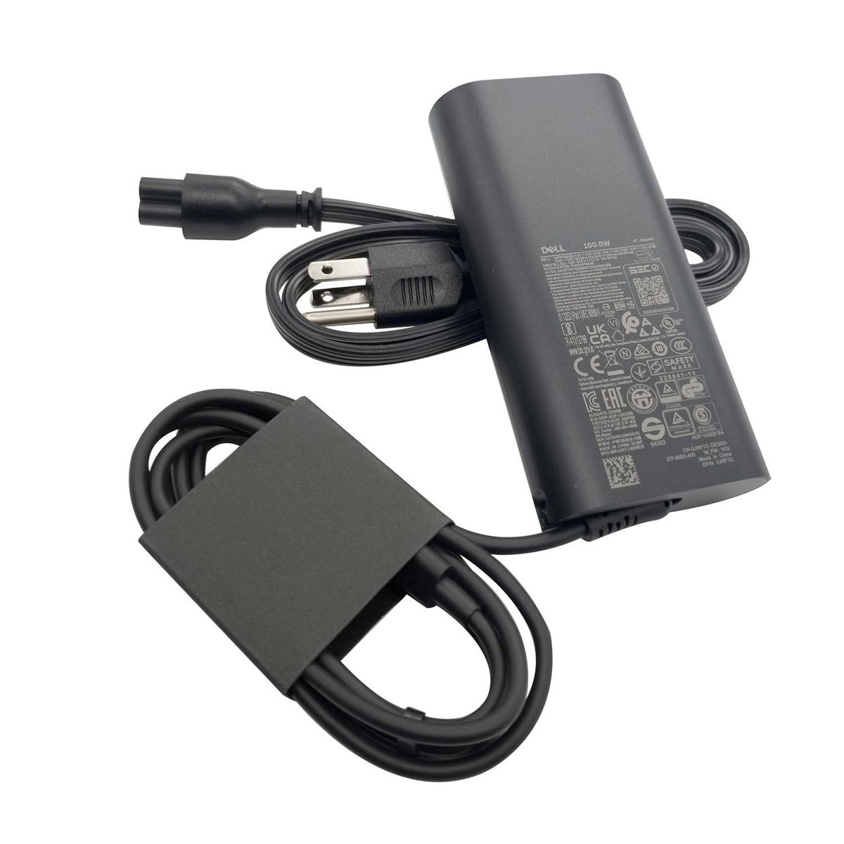 Dell 100W USB-C charger, front view, portable power for Precision and Latitude laptops