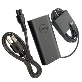 Dell 100W USB-C charger, side view, slim profile for desk and travel use