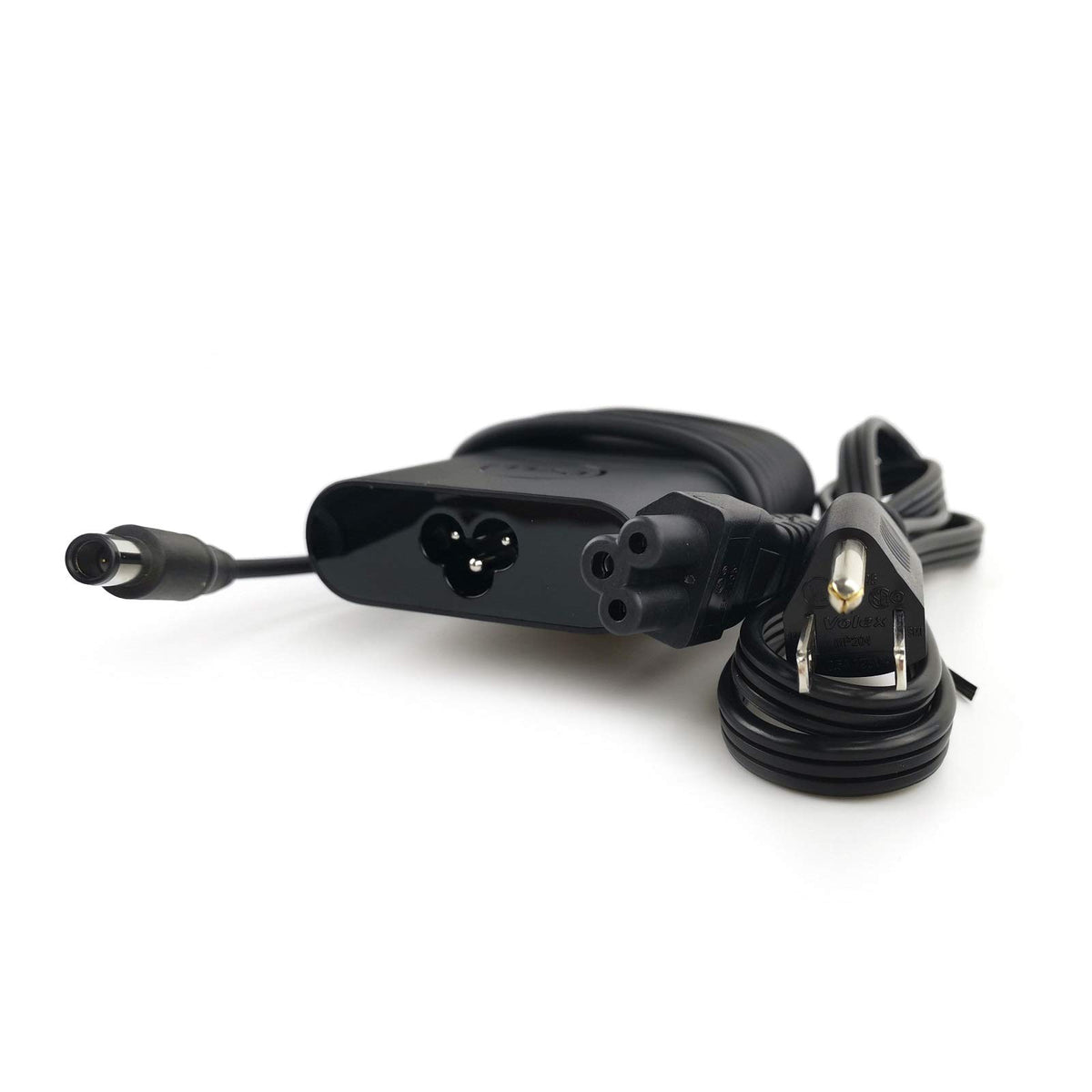 Dell charger close-up showing the proprietary connector and plug
