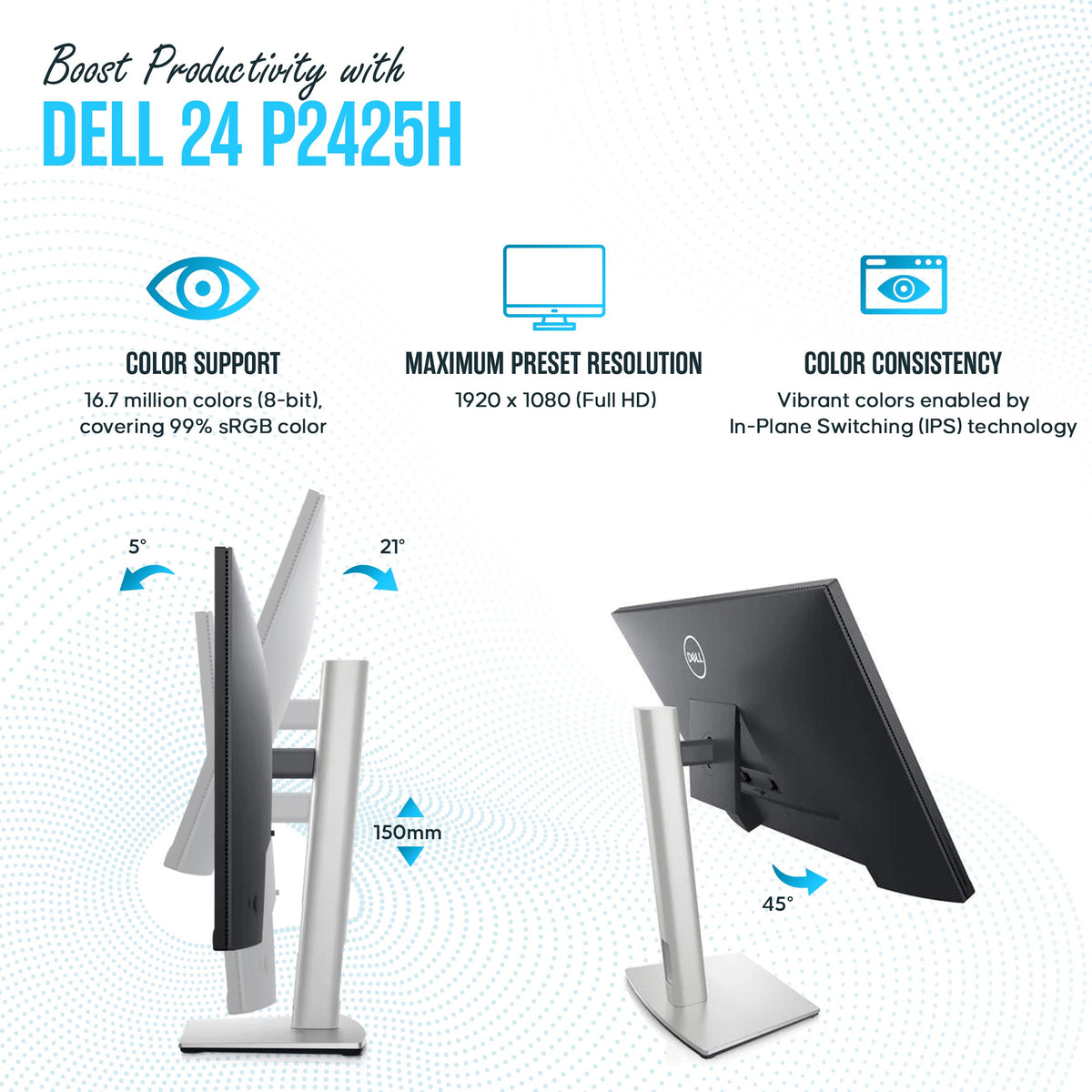 Dell P2425H ports and cables enable quick device connections.