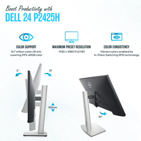 Dell P2425H ports and cables enable quick device connections.
