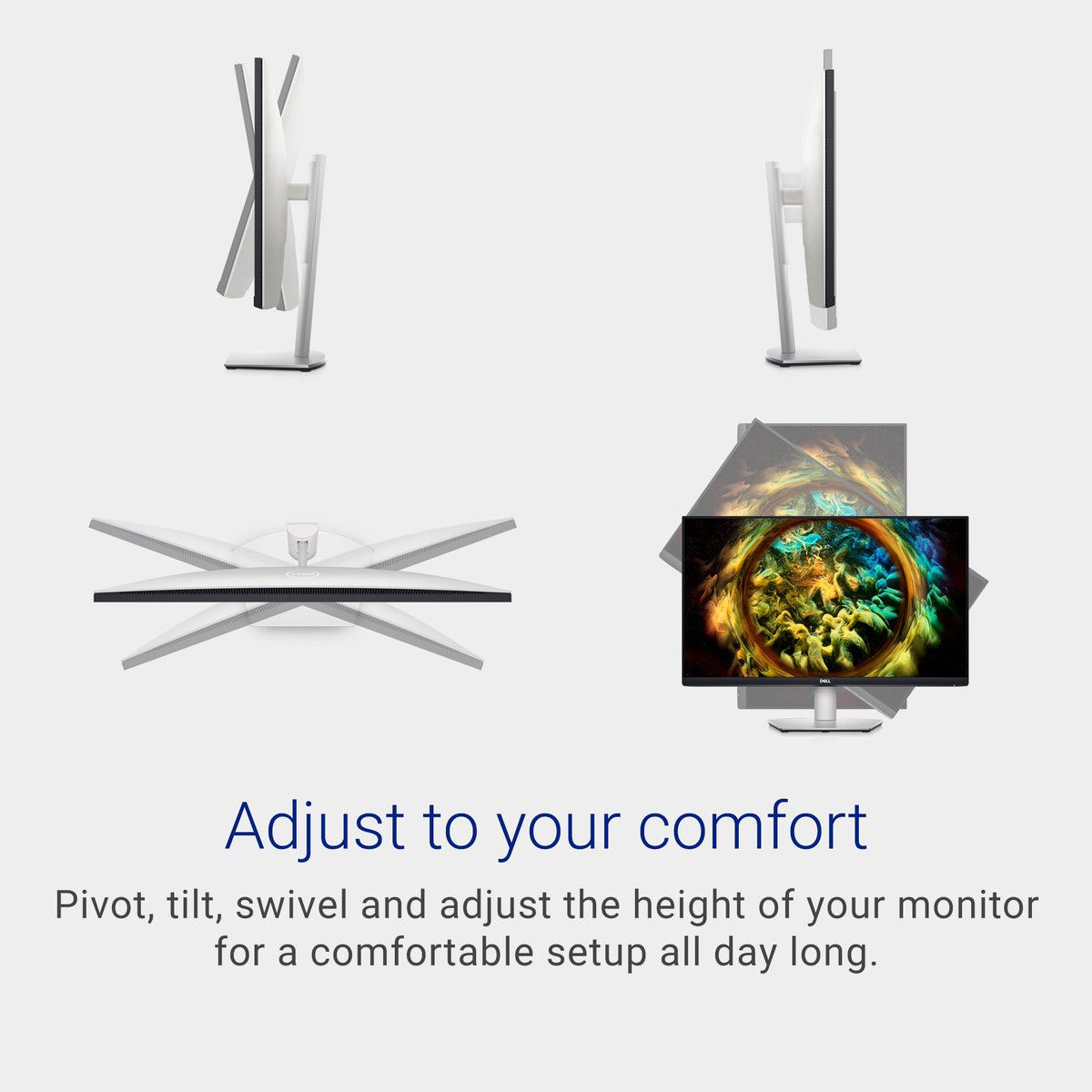 Dell S2721QS sleek silver finish fits modern desks.